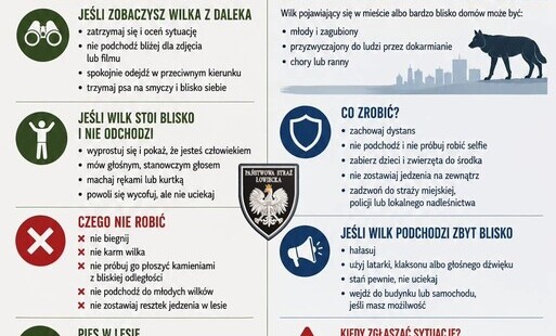 Zdjęcie do Spotkałeś wilka? Sprawdź, co robić. Ulotka informacyjna dotycząca zasad postępowania w przypadku spotkania wilka
